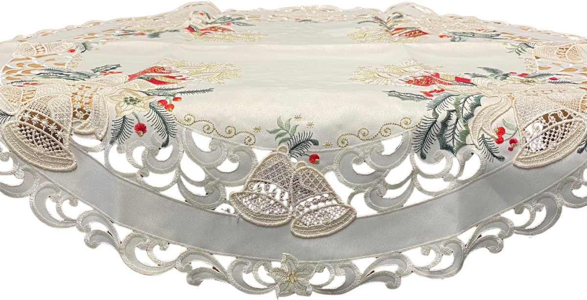 Kerstkleed- Creme met rode kaarsen en bel- Rond 85 cm - 8675R
