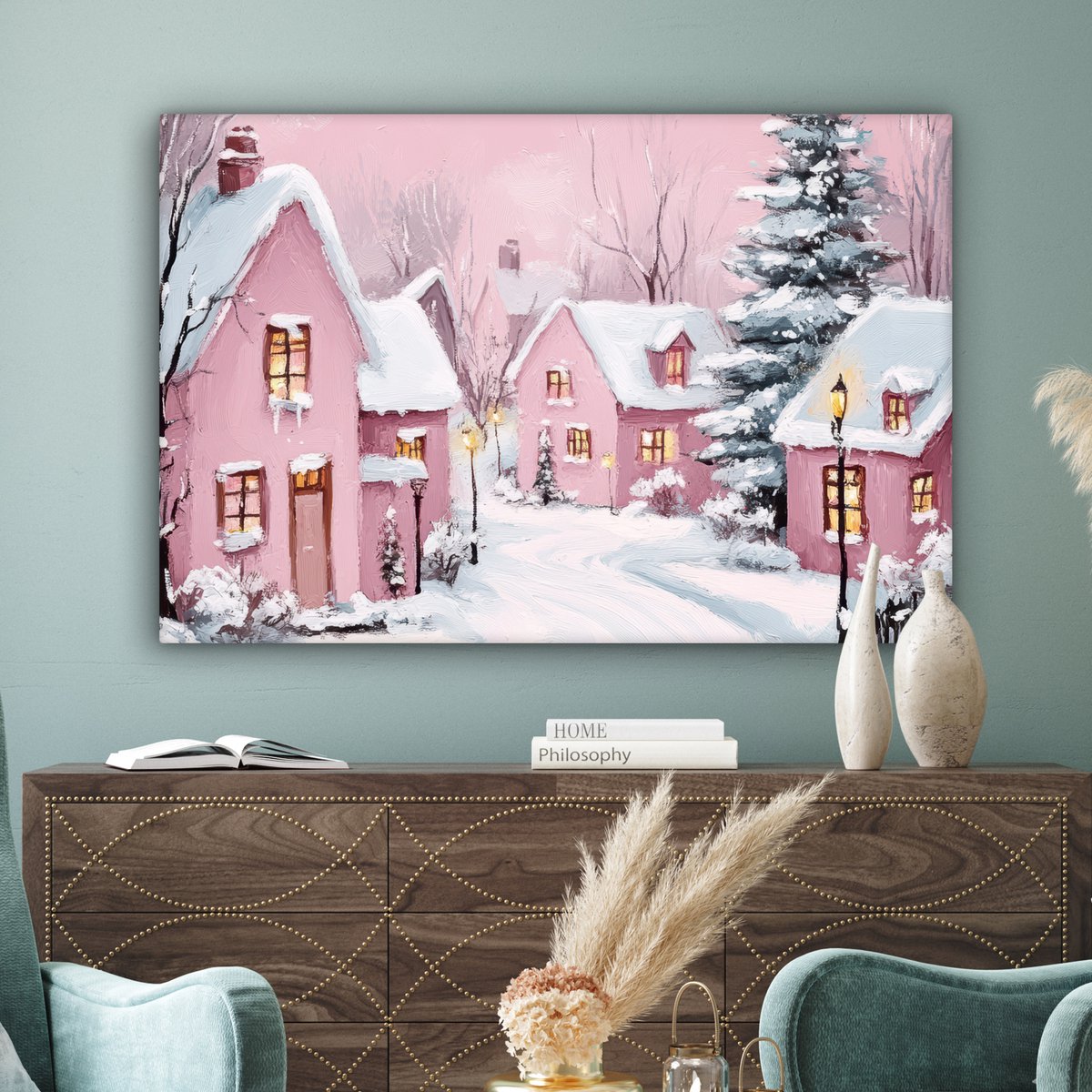 Canvas schilderij 140x90 cm - Wanddecoratie Kerstdorp - Roze - Winter - Sneeuw - Huizen - Muurdecoratie woonkamer - Slaapkamer decoratie - Kamer accessoires - Schilderijen op canvas - Kerstdecoratie voor binnen - Kerstversiering - Kerstmis versiering – foto 3