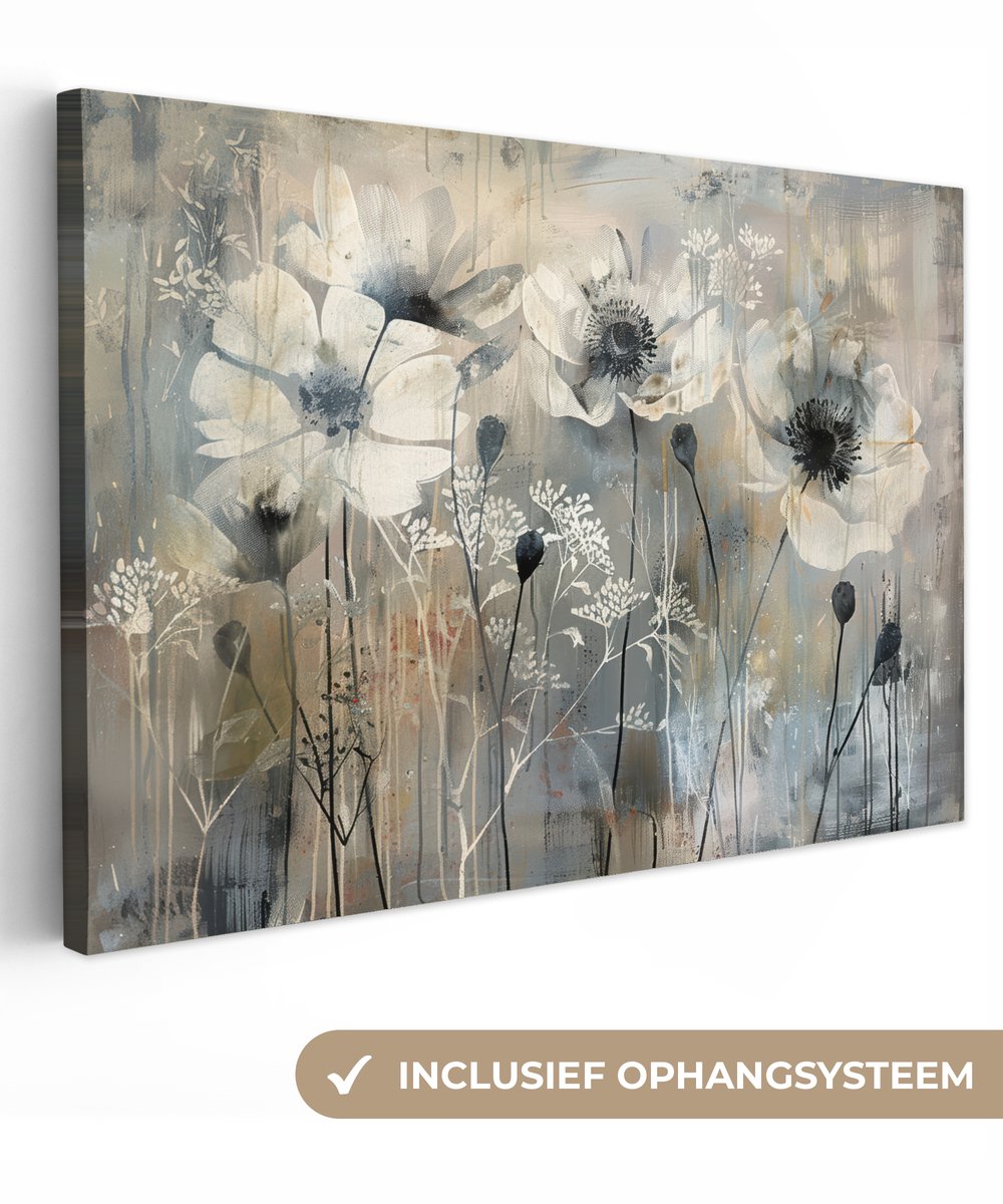 Canvas schilderij 120x80 cm - Wanddecoratie Bloemen - Planten - Grijs - Abstract - Muurdecoratie woonkamer - Slaapkamer decoratie - Kamer accessoires - Schilderijen op canvas