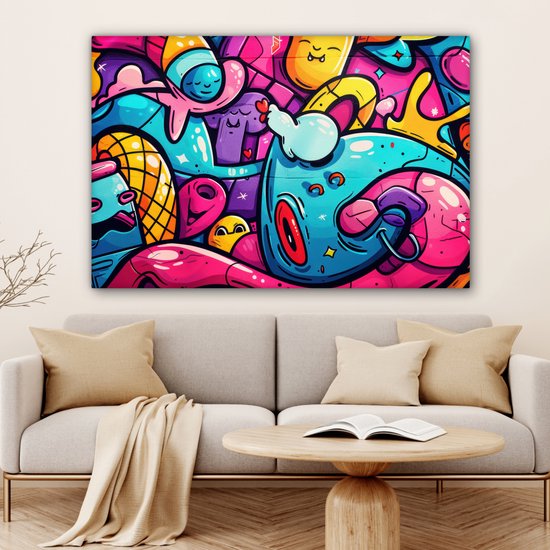 Canvas schilderij 120x80 cm - Wanddecoratie Abstract - Neon - Design - Kleurrijk - Graffiti - Muurdecoratie woonkamer - Slaapkamer decoratie - Kamer accessoires - Schilderijen op canvas