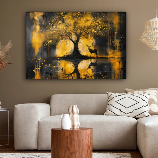 Peinture sur toile 150x100 cm - Décoration murale Arbre - Aspect peinture - Cerf - Nature - Or - Décoration murale murale salon - Décoration chambre - Accessoires de chambre - Peintures