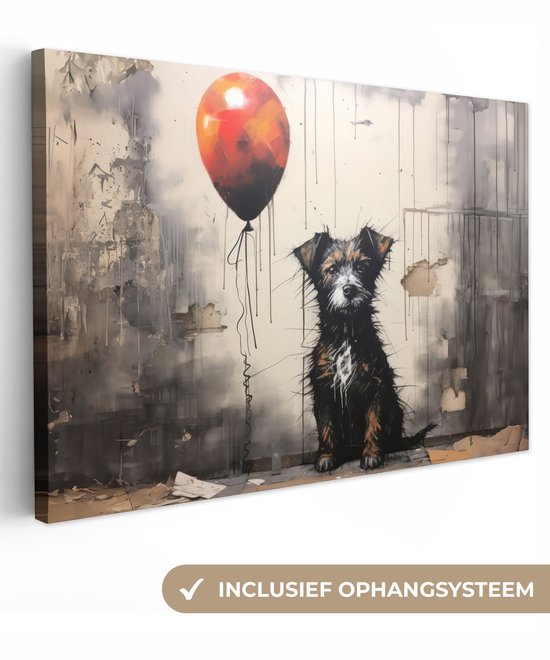 Canvas schilderij 120x80 cm - Wanddecoratie Graffiti - Hond - Ballon - Dieren - Muurdecoratie woonkamer - Slaapkamer decoratie - Kamer accessoires - Schilderijen op canvas