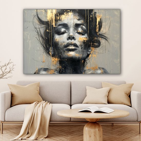 Peinture sur toile 120x80 cm - Décoration murale Femme - Art - Or - Abstrait - Glamour - Décoration murale salon - Décoration chambre moderne - Tableaux abstraits