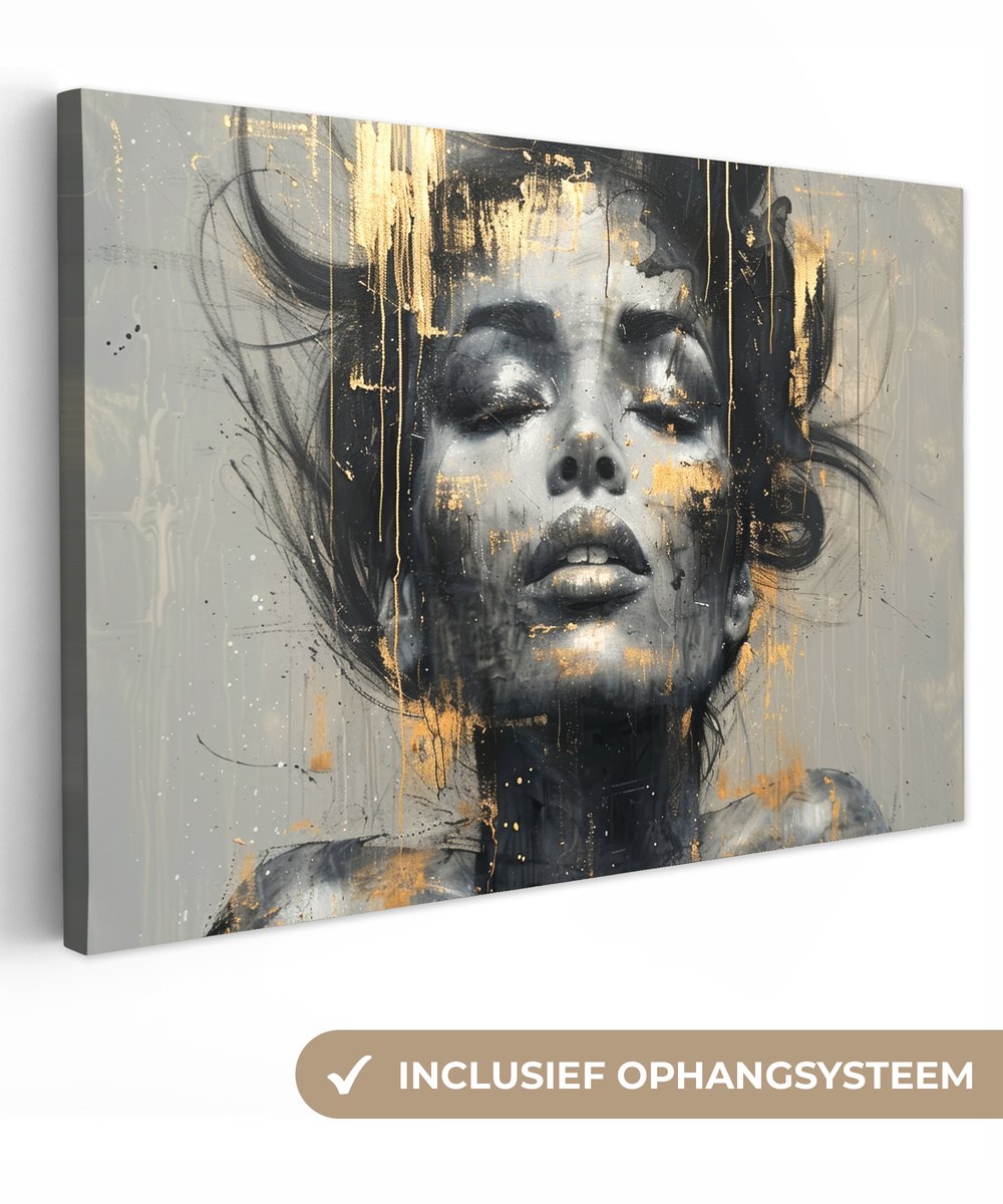 Canvas schilderij 120x80 cm - Wanddecoratie Vrouw - Kunst - Goud - Abstract - Glamour - Muurdecoratie woonkamer - Kamer decoratie modern - Abstracte schilderijen