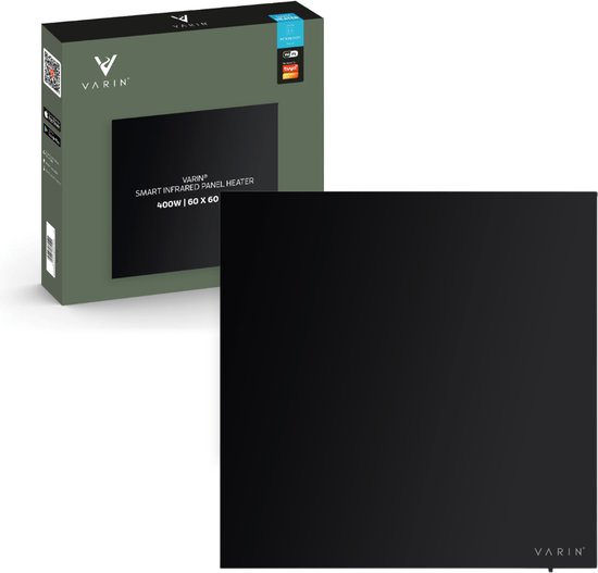Varin® Smart Design Infrarood verwarmingspaneel - 400W - 60x60cm - Zwart glas - IP24 - Met thermostaat - Wandmontage of verrijdbaar - Elektrische verwarming - Infrarood paneel verplaatsbaar - Kachel - Heater bureau - Terrasverwarmer - Tuya Wifi
