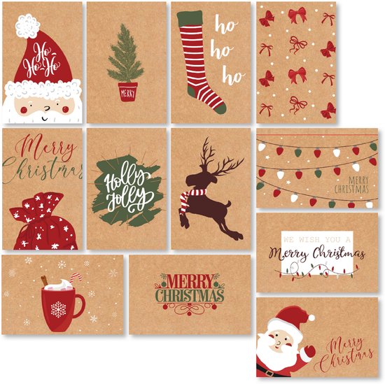 Collection de Noël Giftmas – Set de 36 Cartes de vœux et de cartes de Noël (12 modèles au total) – Enveloppes et Autocollants inclus – Cartes en Papier Kraft pour les fêtes – 20 x 15 cm
