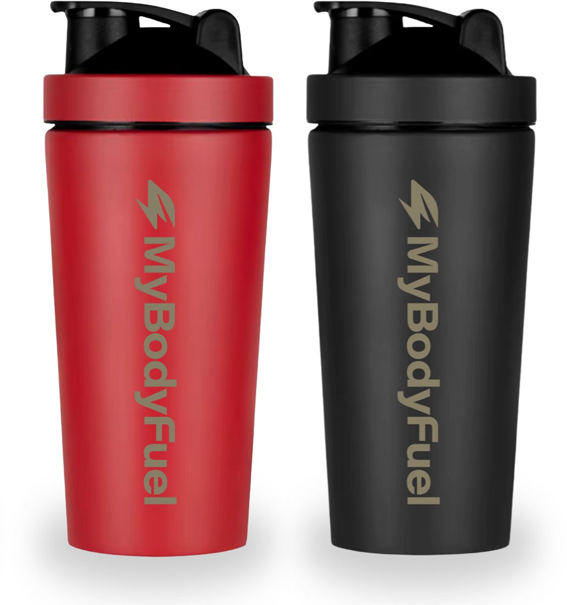 MyBodyFuel - RVS Shakebeker - 750 ml - met mixballetje & Mixfilter - Rood en Zwart - Set van 2 - Shaker - BPA-vrij