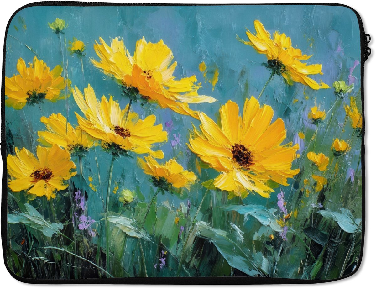 Laptophoes 15.6 inch - Penseelstreken - Bloemen - Felgeel - Abstract - Laptop sleeve - Binnenmaat 37x26 cm - Zwarte achterkant