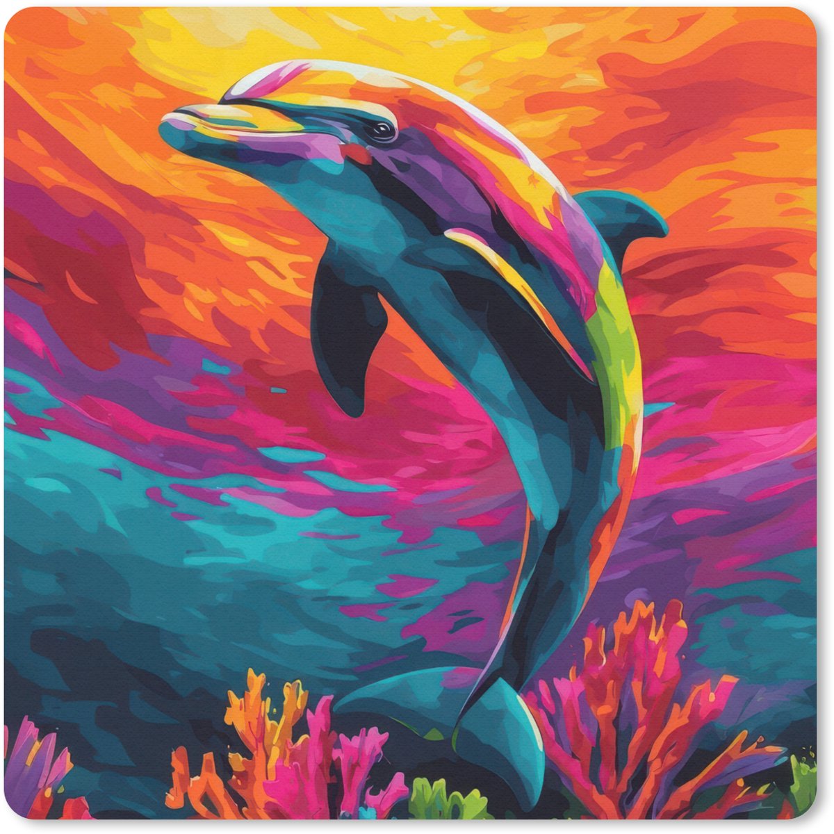Muismat 20x20 cm - Mousepad Dolfijn - Kleurrijk - Oceaan - Koraal - Muismatten