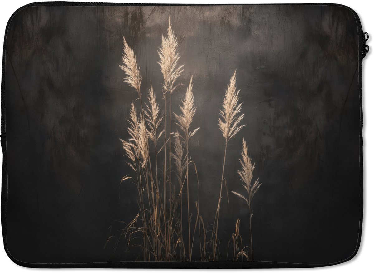 Laptophoes 14 inch - Siergras - Pluimen - Verlichting - Zwart - Laptop sleeve - Binnenmaat 33x23 cm - Zwarte achterkant