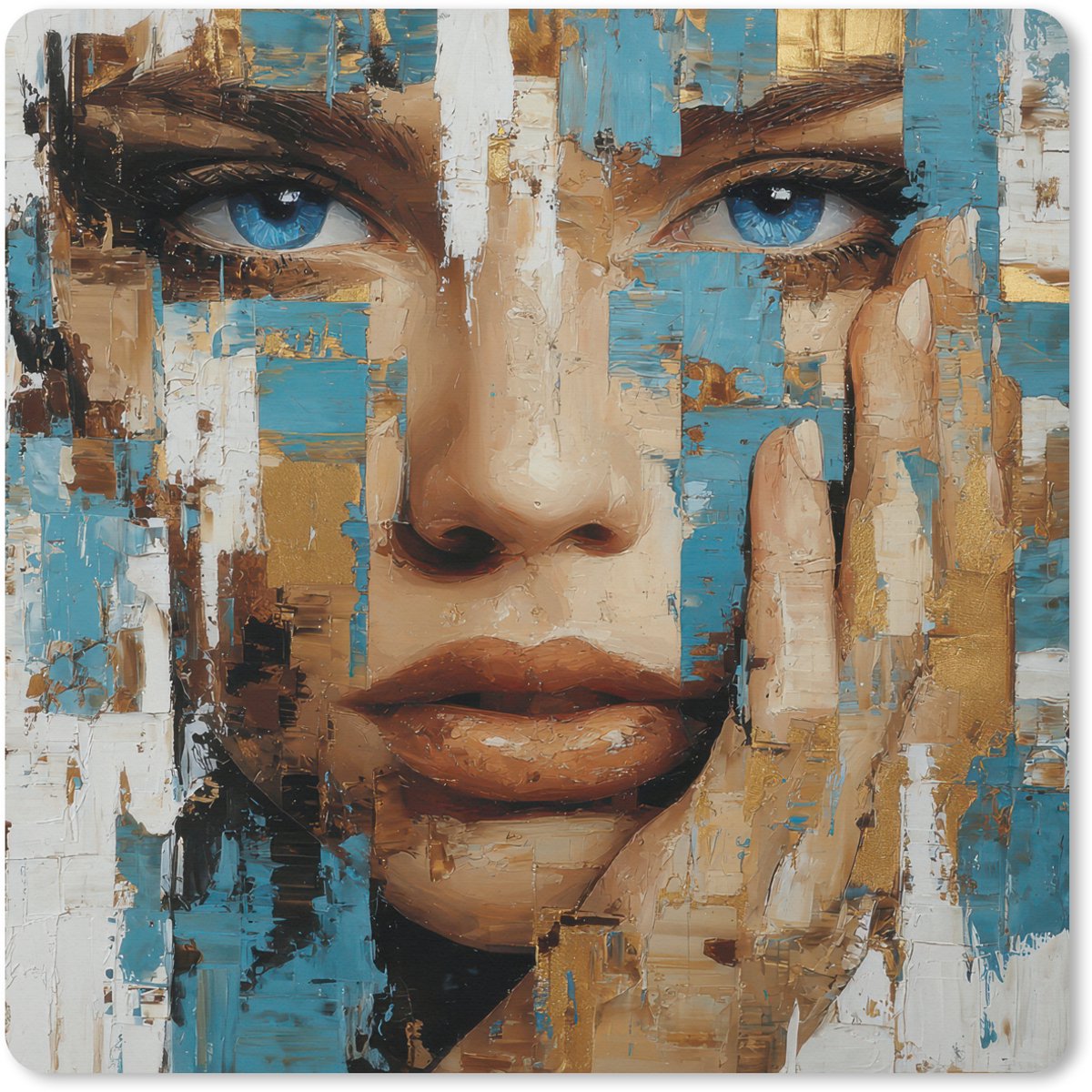 Muismat XXL 80x80 cm - Bureau onderlegger - Bureau mat Abstract - Penseelstreken - Blauw - Gezicht - Bureaumat - Gaming mousepad xl - Bureaulegger groot - Computer deskmat