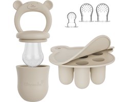 Broemba Baby Fruitspeen + 3 spenen & IJsblokjesvorm - Babyhapjes bewaarbakjes - 100% siliconen Fopspeen Beige - Sabbelzakje met bijtring