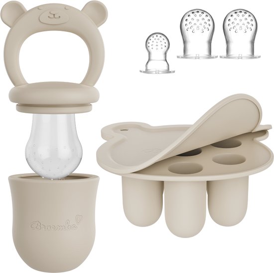 Broemba Baby Fruitspeen + 3 spenen & IJsblokjesvorm - Babyhapjes bewaarbakjes - 100% siliconen Fopspeen Beige - Sabbelzakje met bijtring