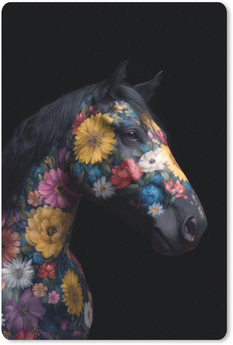 Muismat 18x27 cm - Mousepad Paard - Bloemen - Zwart - Muismatten