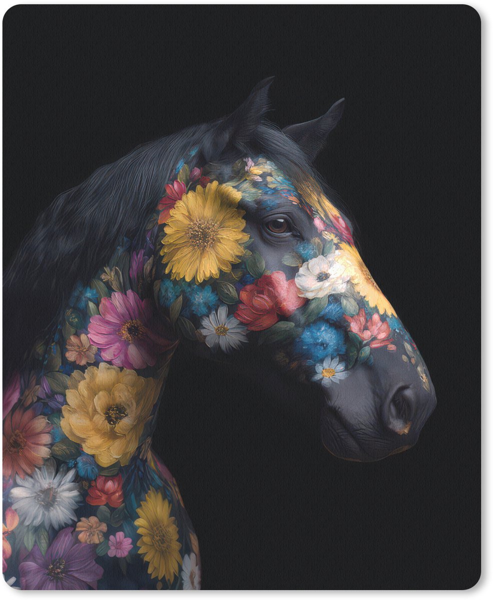 Muismat 19x23 cm - Mousepad Paard - Bloemen - Zwart - Muismatten