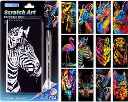 Ainy - Scratch Art Dieren boeklegger | 12 krastekeningen incl kraspen | Kras tekeningen | Schilderen op kleuren kunst kraskaart | hobby & creatief voor volwassenen en kinderen | Knutselen - ontspanningspakket