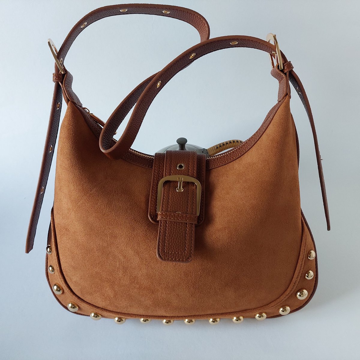 Crossbody dames – schoudertas - bruin – suede Look – ruime tas - messing details