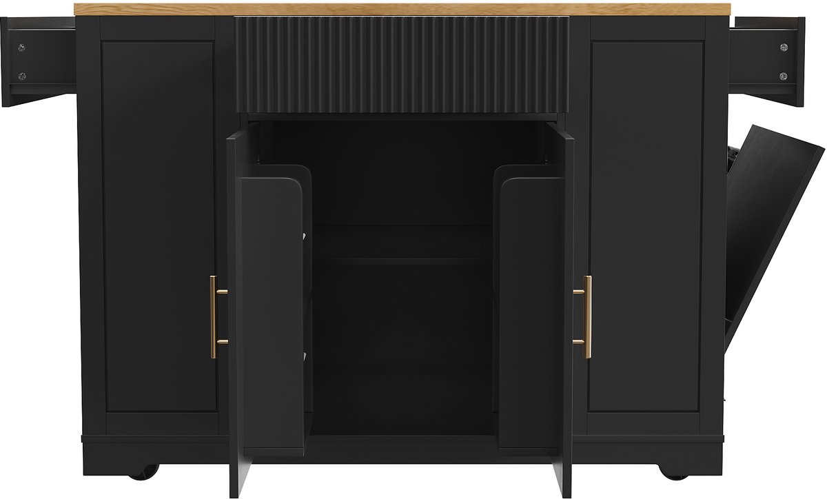 Keukeneiland, Keukenkast, Buffetkast, 120 x 50 x 92 cm, Serveerwagen, Mobiel keukeneiland, Keukenkarretje met wielen, Met afvalbakvak, Verstelbare planken, Twee deuren en drie lades- zwart