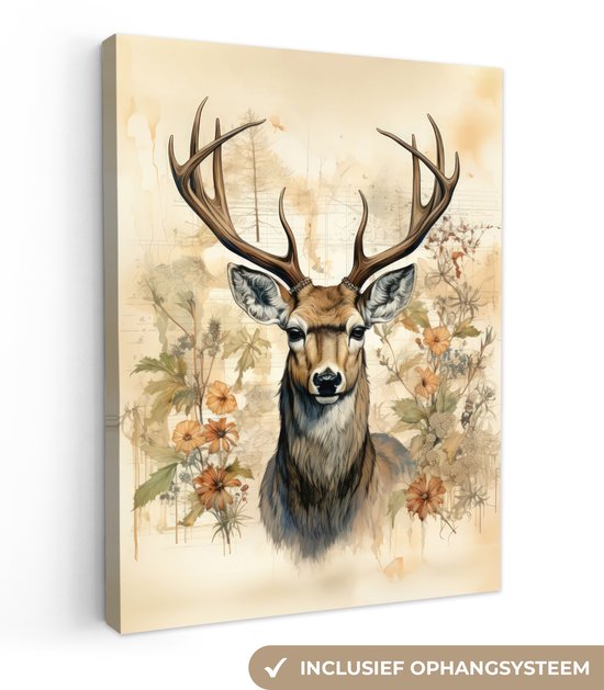 Canvas Schilderij Vintage Hert 120x160 cm