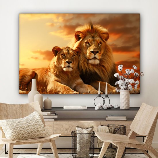 Peinture sur toile 120x80 cm - Lions - Tableaux de salon - Décoration murale animaux