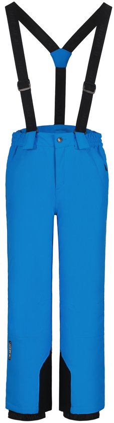 Pantalon de ski bleu avec bretelles noires et accents noirs en bas des jambes.