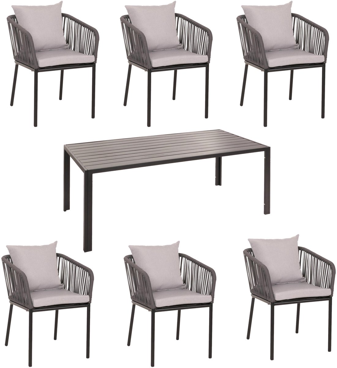 Tuinset MCW-N41, tafel + 6 stoelen, weerbestendig aluminium 180 x 80 cm, touwvlechtwerk ~ antraciet, kussens grijs