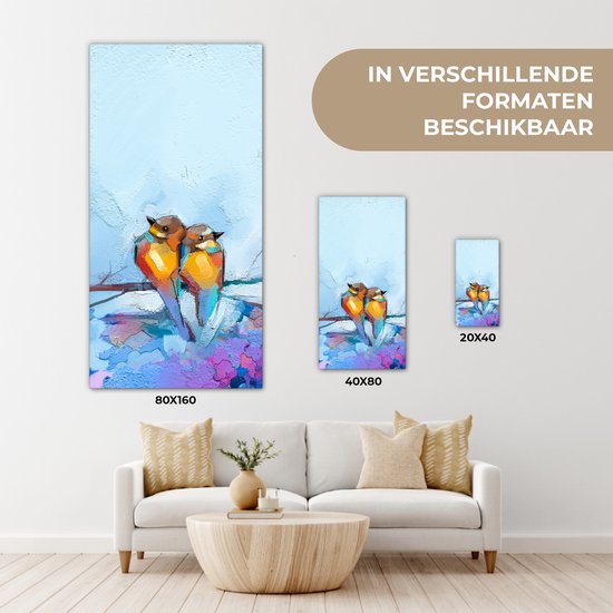 Toile - Peinture à l'huile - Vogels - Branche - Blauw - 40x80 cm - Décoration d'intérieur - Peintures sur toile