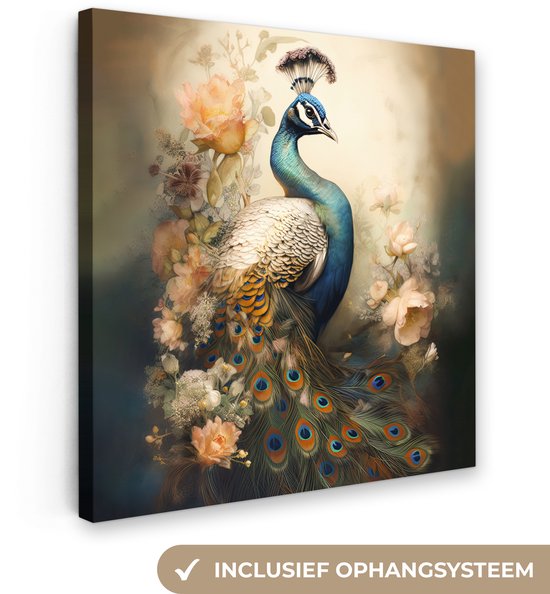Peinture sur toile Paon - Plumes de paon - Fleurs - Vogels - Botanique - 20x20 cm - Décoration murale