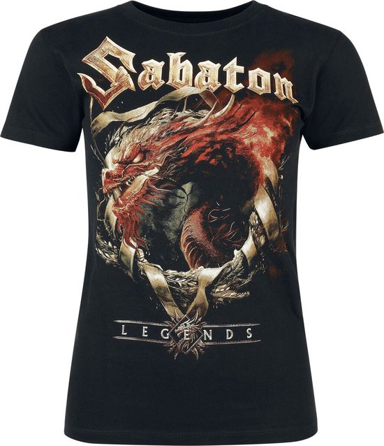 Zwart T-shirt met op de voorkant een gouden draak en de tekst 'Sabaton Legends'.