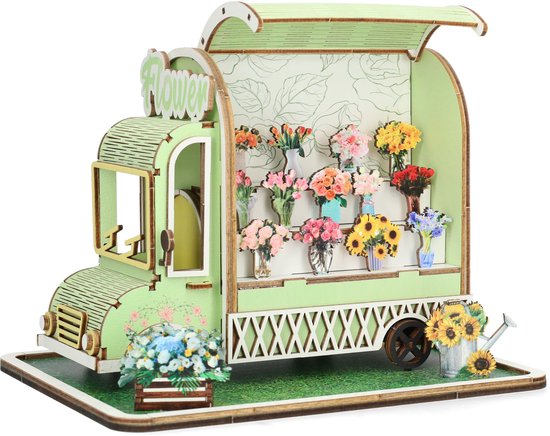 Kit de construction de boutique de fleurs miniature Crafts&Co - Puzzle 3D en bois pour Enfants - Loisirs créatifs pour Filles - Jouets DIY - Cadeaux pour Filles - 89 pièces - 7 ans et plus - Vert