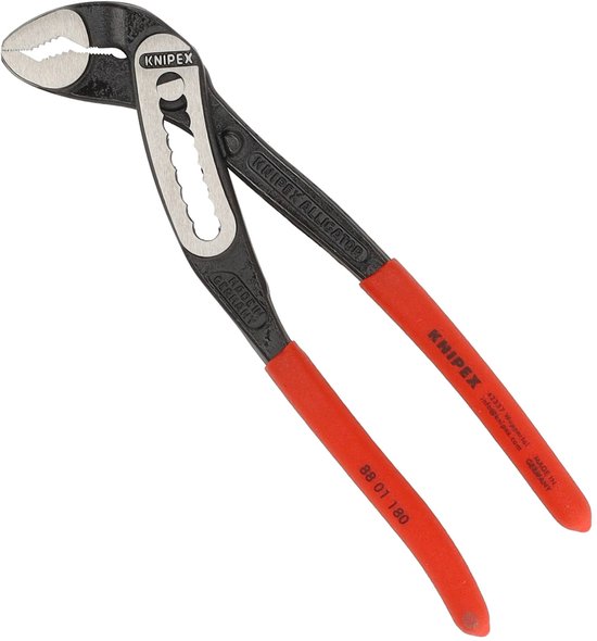 Knipex 88 01 180 waterpomptang met rode handvatten, zwart metalen body en "Made in Germany" aanduiding.