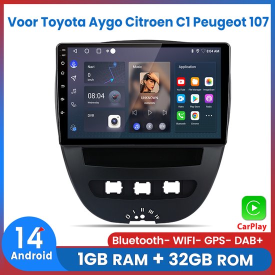 Awesafe Carplay Autoradio Geschikt Voor Toyota Aygo/PEUGEOT 107/Citroen C1 2005-2014 - Android 14 - Draadloos Apple Carplay & Android Auto - 1GB + 32GB - 4 Core processor - Bluetooth & Wifi GPS Navigatie