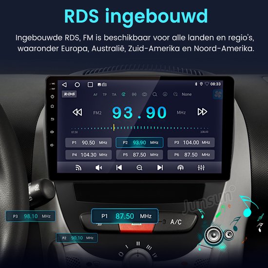 Groot autoradio-scherm met RDS FM radio-interface, toont frequentie 93.90 MHz en preset zenders.
