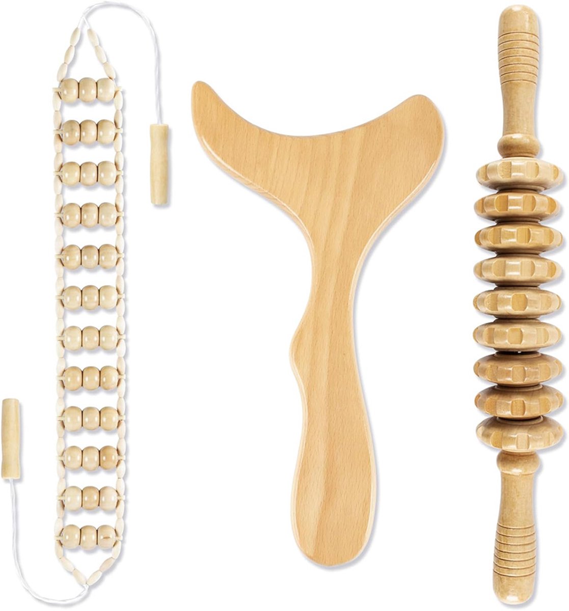 Massageset - Houten Fascia-Rollerset - Hoogwaardige Fascia-Roller met Handvat - Lichaamsvormende Massageroller - Anti-Cellulitis - Rug-, Nek-, Benen- en Rugmassage van Hout