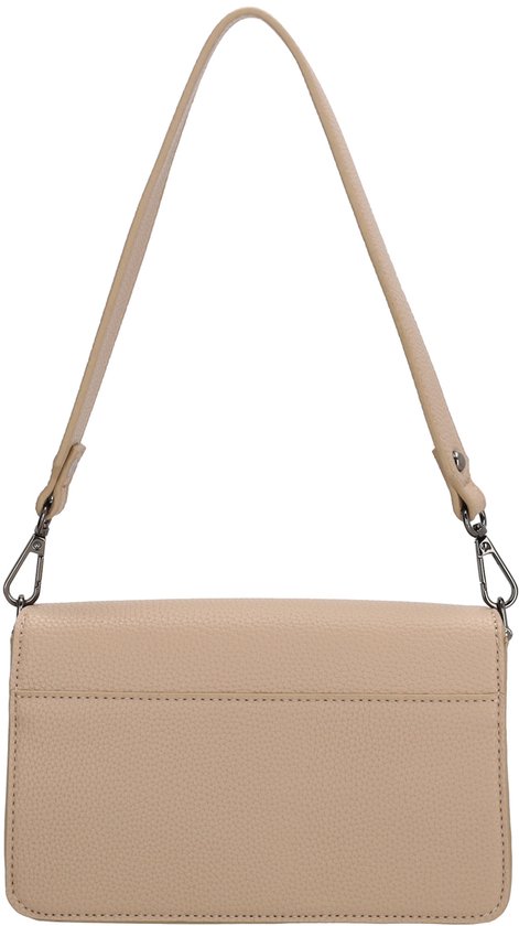Achterkant van een beige dames schoudertas met een smalle schouderband.
