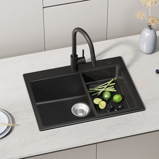 Évier de cuisine en granit CECIPA max 60 x 45 cm Anthracite - Éviers avec robinet - Acier inoxydable - Évier avec système d'évacuation d'eau - Évier en granit avec égouttoir