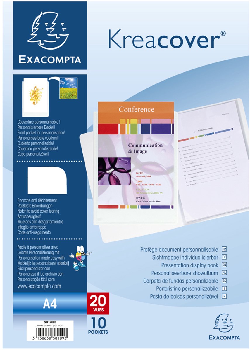 Exacompta Kreacover® Personaliseerbare showalbums harde PP met vaste rug - 10 tassen - 20 zichten - A4 - Wit - 58109E