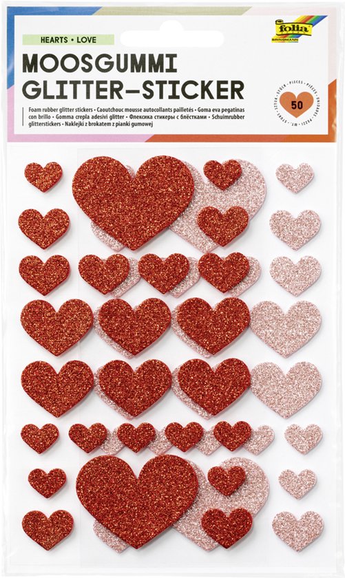 Glitter hartstickers in rood en roze.
