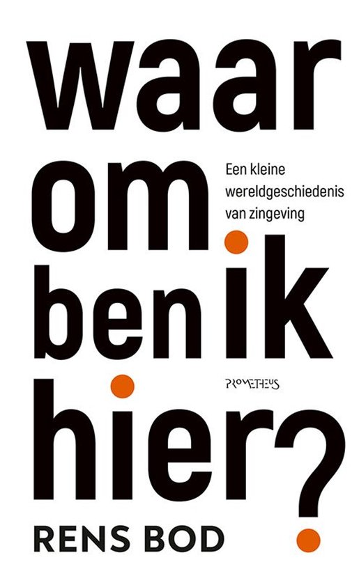 Boekomslag met de titel "Waarom ben ik hier?" in grote zwarte letters. Twee oranje stippen accentueren de tekst.