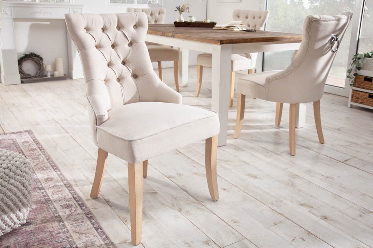 Elegante stoel CASTLE beige linnen stof landelijke stijl met comfort handvat - 40467