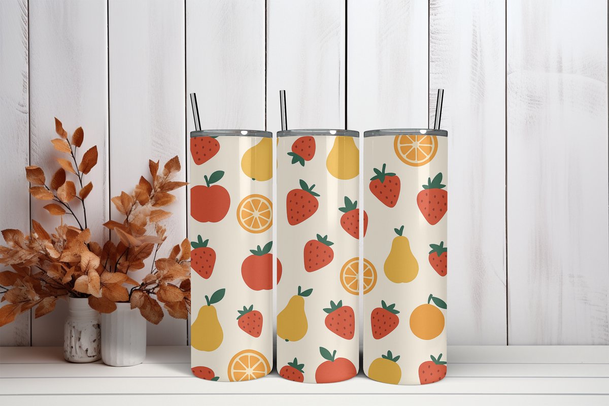 Thermosbeker Fruit - 600 ml RVS Tumbler met Rietje - Cadeau - Schoolbeker - Antilek dop - Vaatwasserbestendig - Werkbeker - To go beker - Zomaar
