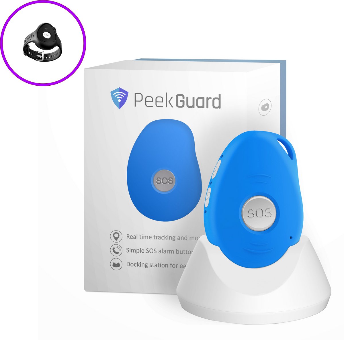 PEEKGUARD© - EVO 7S 4G Blauw - SOS Noodknop Met Docking Station - Alarmknop voor Personen & Ouderen - GPS Tracker Senioren - SOS knop - Valdetectie - Waterdicht - Incl. Simkaart - Incl. Horlogeband - Geen Abonnement Nodig