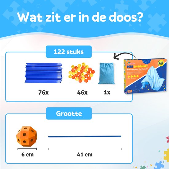 Fort Bouwpakket XL met 122 Onderdelen - Incl. Opbergzak & E-book - Constructiespeelgoed - Speeltent - Educatief Speelgoed - Bouwspeelgoed - Hut Bouwen