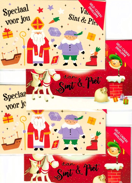 Envelop met Sinterklaas, Piet en boot. "Speciaal voor jou" en "Van Sint & Piet".