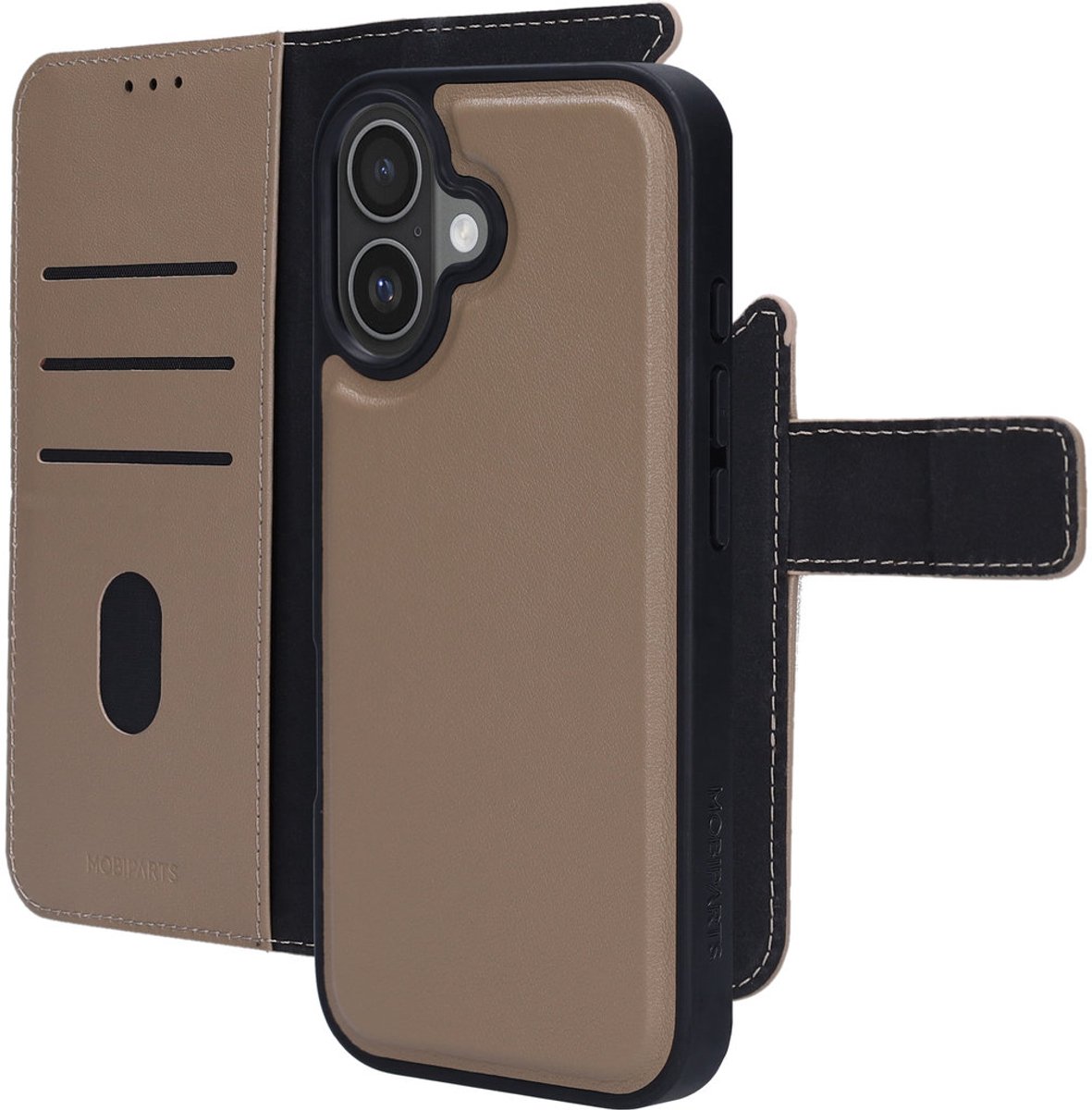 Mobiparts hoesje geschikt voor Apple iPhone 17 - Wallet 2-in-1 Boekhoesje - MagSafe - Echt Leder - Uitneembare Case - Sterke Magneet Sluiting - Contactloos betalen - Beige