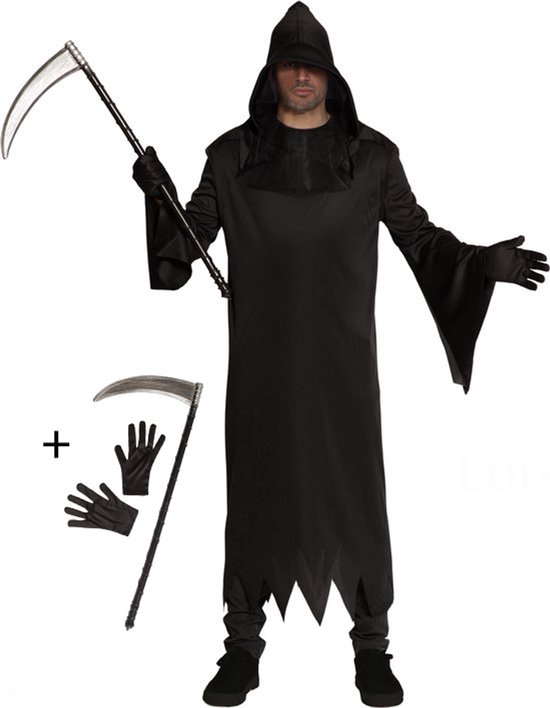 3-Delig Compleet Grim Reaper Kostuum Inclusief Mantel met Capuchon, Scythe (Zeis) en Handschoenen Magere Hein Verkleedkleren Volwassenen Halloween Kostuum Volwassenen Carnaval - Zwart - Unisex - One Size Fits Most