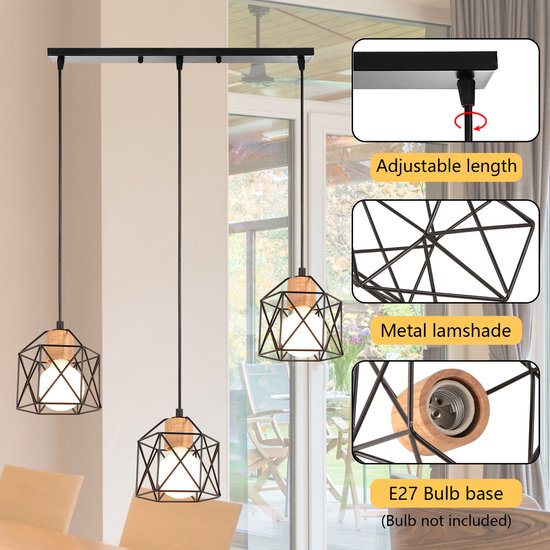 Vintage Hanglamp Plafonnier Eettafel E27 3 Lichts Plafondlamp Keuken Lamp met Transparante Zwarte Glazen Lampenkap Hoogte Verstelbaar Kroonluchter voor Slaapkamer Woonkamer en Eetkamer