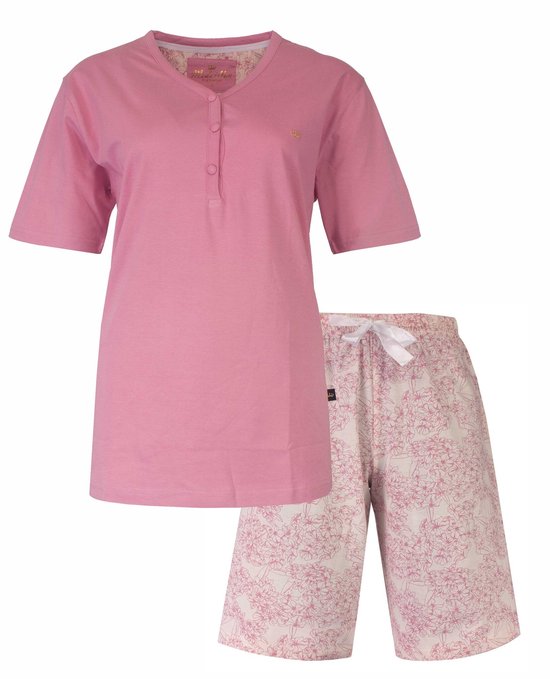 Medaillon Dames Shortama - Knoopsluiting - Pyjama Set - Roze - Maat XL