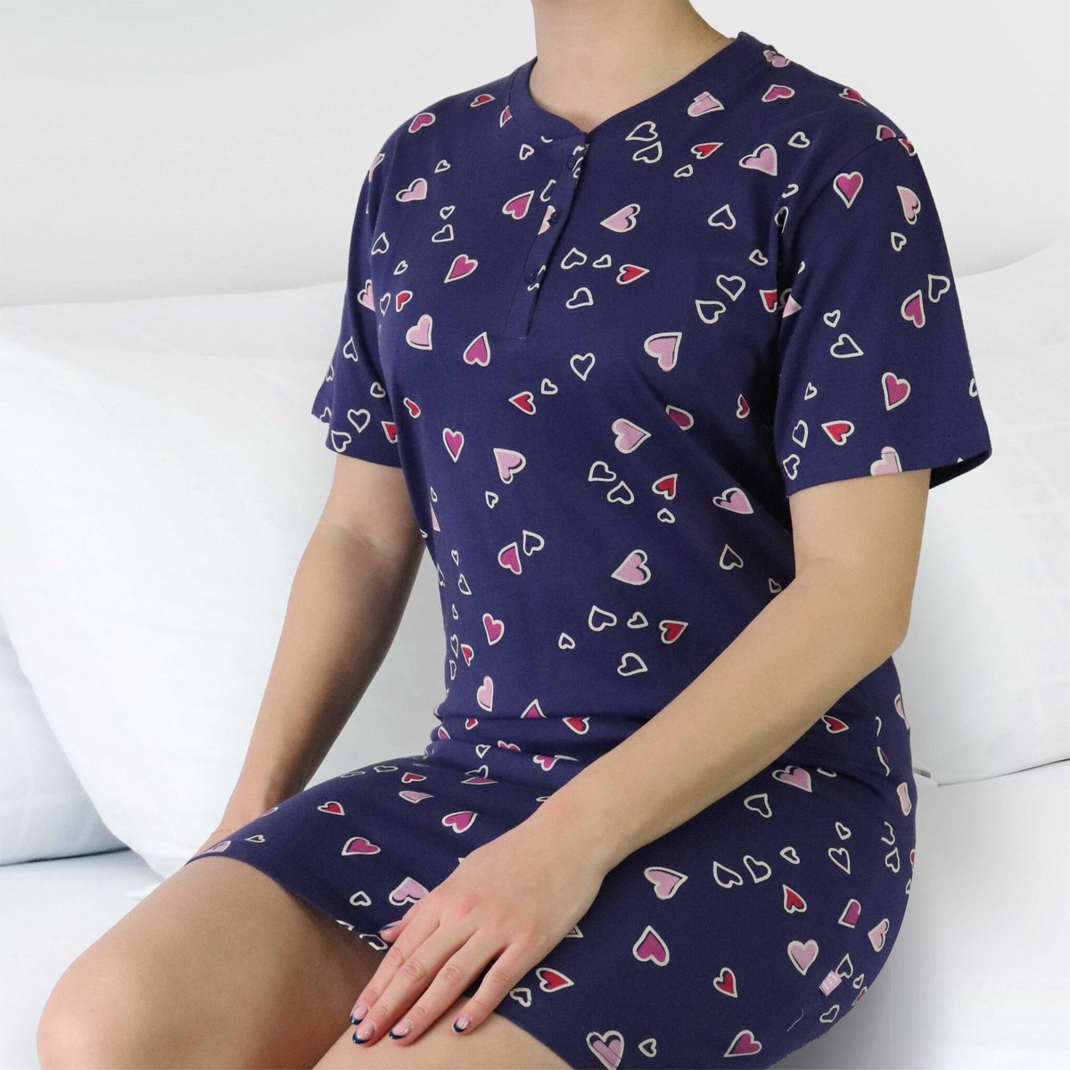 Irresistible Dames Nachthemd - Roze Hartjes - Katoen - Blauw