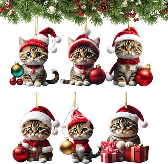 Kerstballen Kat Set 6 Stuks - Grappige Katten Kerstornamenten - 2D Acryl Kerstboom Decoratie - Schattige Kitten Hangende Figuurtjes voor Boom Versiering